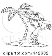 Royalty Free RF Clip Art Illustration Of A Cartoon Black And White Outline Design Of A Stranded Man Screaming For Help