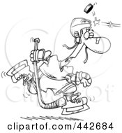 Royalty Free RF Clip Art Illustration Of A Cartoon Black And White Outline Design Of A Puck Hitting A Hockey Player