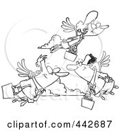 Royalty Free RF Clip Art Illustration Of A Cartoon Black And White Outline Design Of Flying Commuters Heading To Work
