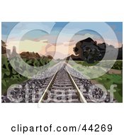 Poster, Art Print Of Deserted Railroad Tracks Leading Through A Landscape At Dawn