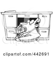 Poster, Art Print Of Cartoon Black And White Outline Design Of A Businessman Hiding Under His Desk And Calling The Police