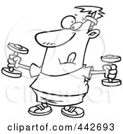 Poster, Art Print Of Cartoon Black And White Outline Design Of A Man Exercising With Dumbbells