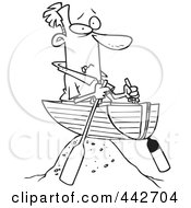 Cartoon Black And White Outline Design Of A Man Left High And Dry In A Boat