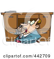 Poster, Art Print Of Cartoon Businessman Hiding Under His Desk And Calling The Police