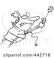 Poster, Art Print Of Cartoon Black And White Outline Design Of A Man Swinging On A High Speed Internet Computer Mouse