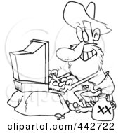 Cartoon Black And White Outline Design Of A Male Hillbilly Using A Computer