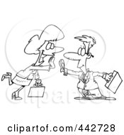 Royalty Free RF Clip Art Illustration Of A Cartoon Black And White Outline Design Of A Businessman And Woman Giving High Fives