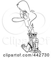 Poster, Art Print Of Cartoon Black And White Outline Design Of A Woman With A Cast And Crutches