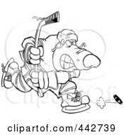 Poster, Art Print Of Cartoon Black And White Outline Design Of A Bear Hockey Player
