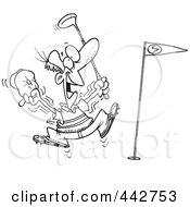 Royalty Free RF Clip Art Illustration Of A Cartoon Black And White Outline Design Of A Golfer Celebrating A Hole In One
