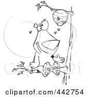 Royalty Free RF Clip Art Illustration Of A Cartoon Black And White Outline Design Of A Bear Sitting On A Branch And Getting Honey by toonaday