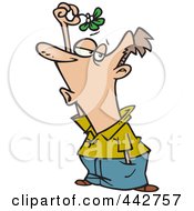 Cartoon Hopeful Man Holding Mistletoe Over His Head