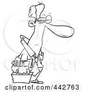 Poster, Art Print Of Cartoon Black And White Outline Design Of A Tired Businessman Heading Home