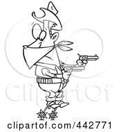 Poster, Art Print Of Cartoon Black And White Outline Design Of A Cowboy Balanced On His Spurs During A Hold Up