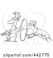 Royalty Free RF Clip Art Illustration Of A Cartoon Black And White Outline Design Of A Businessman Leaping Through A Hoop