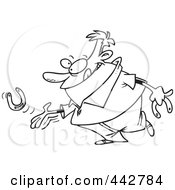 Poster, Art Print Of Cartoon Black And White Outline Design Of A Man Throwing Horseshoes