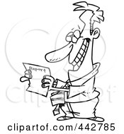 Poster, Art Print Of Cartoon Black And White Outline Design Of A Hopeful Businessman Holding A Report