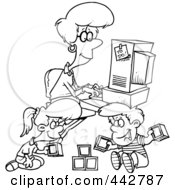 Poster, Art Print Of Cartoon Black And White Outline Design Of A Woman Working On Her Computer As Her Kids Play