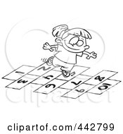 Cartoon Black And White Outline Design Of A Girl Playing Hop Scotch