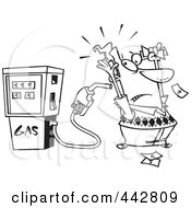 Poster, Art Print Of Cartoon Black And White Outline Design Of A Gas Pump Holding Up A Customer