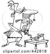 Poster, Art Print Of Cartoon Black And White Outline Design Of A Man Waiting On Hold With Cobwebs On His Face