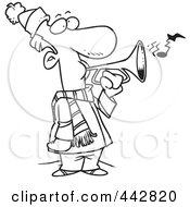 Poster, Art Print Of Cartoon Black And White Outline Design Of A Winter Man Playing A Horn