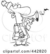 Royalty Free RF Clip Art Illustration Of A Cartoon Black And White Outline Design Of A Winter Man Playing A Horn