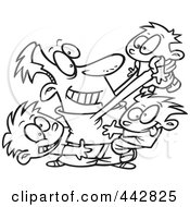 Poster, Art Print Of Cartoon Black And White Outline Design Of A Dad Horse Playing With His Boys