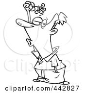 Royalty Free RF Clip Art Illustration Of A Cartoon Black And White Outline Design Of A Hopeful Man Holding Mistletoe Over His Head by toonaday