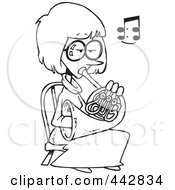 Cartoon Black And White Outline Design Of A Woman Playing A French Horn