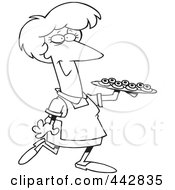 Royalty Free RF Clip Art Illustration Of A Cartoon Black And White Outline Design Of A Woman Serving Finger Foods by toonaday