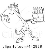 Royalty Free RF Clip Art Illustration Of A Cartoon Black And White Outline Design Of A Horse Presenting A Birthday Cake