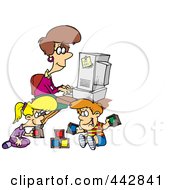 Cartoon Woman Working On Her Computer As Her Kids Play