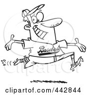 Royalty Free RF Clip Art Illustration Of A Cartoon Black And White Outline Design Of A Baseball Man Making A Home Run