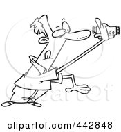 Poster, Art Print Of Cartoon Black And White Outline Design Of A Man Recording A Home Video