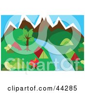 Clipart Illustration Of A River Flowing Through A Campground In The Mountains