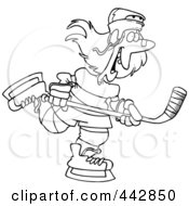 Poster, Art Print Of Cartoon Black And White Outline Design Of A Female Hockey Player