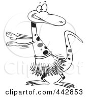 Royalty Free RF Clip Art Illustration Of A Cartoon Black And White Outline Design Of A Gecko Hula Dancing by toonaday