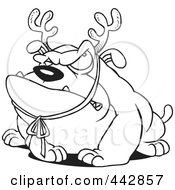 Royalty Free RF Clip Art Illustration Of A Cartoon Black And White Outline Design Of A Grouchy Bulldog Wearing Antlers