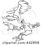 Royalty Free RF Clip Art Illustration Of A Cartoon Black And White Outline Design Of A Fiery Mouthed Woman With Hot Coffee