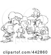 Royalty Free RF Clip Art Illustration Of A Cartoon Black And White Outline Design Of A Huddled Family Reading A Football Play Book