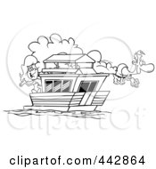 Poster, Art Print Of Cartoon Black And White Outline Design Of A Couple On Their House Boat