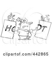 Royalty Free RF Clip Art Illustration Of A Cartoon Black And White Outline Design Of A Man Tearing A Hot Sign