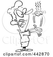 Royalty Free RF Clip Art Illustration Of A Cartoon Black And White Outline Design Of A Businesswoman Tossing A Hot Potato by toonaday