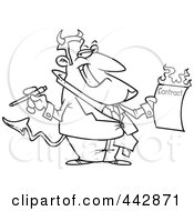 Cartoon Black And White Outline Design Of A Devil Holding A Hot Contract