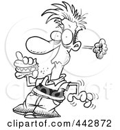 Royalty Free RF Clip Art Illustration Of A Cartoon Black And White Outline Design Of A Man Eating A Spicy Hot Dog
