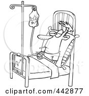 Cartoon Black And White Outline Design Of A Medical Patient Watching A Goldfish In His Fluid Bag