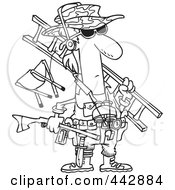 Poster, Art Print Of Cartoon Black And White Outline Design Of A Hunter Carrying His Gear