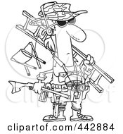 Royalty Free RF Clip Art Illustration Of A Cartoon Black And White Outline Design Of A Hunter Carrying His Gear by toonaday
