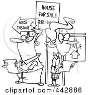Cartoon Black And White Outline Design Of A Couple House Hunting